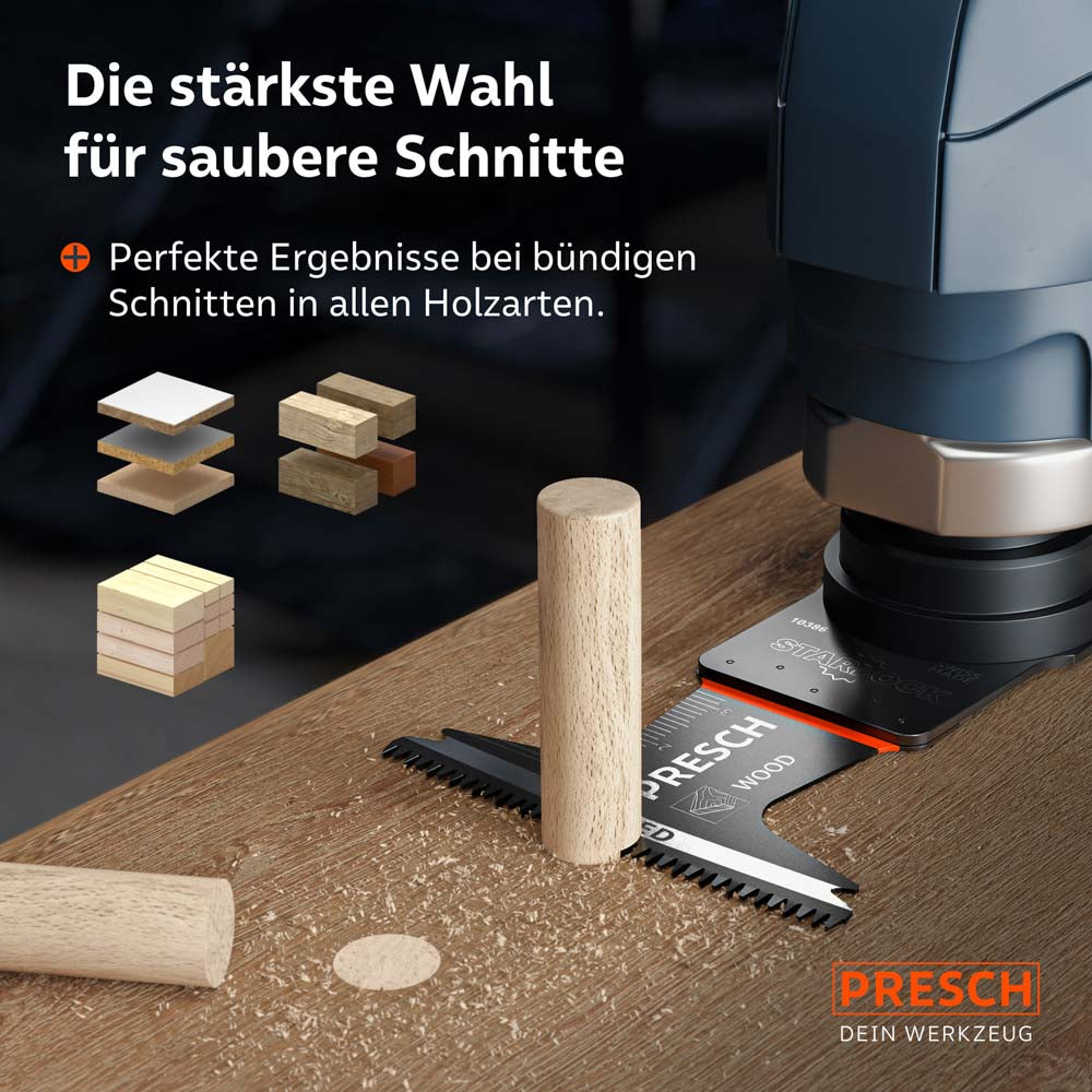 Bündige Schnitte in Perfektion: Das breite Tauchsägeblatt beim präzisen Kürzen eines Holz dübels; geeignet für alle Holzarten und beschichtete Platten ohne Ausrisse.