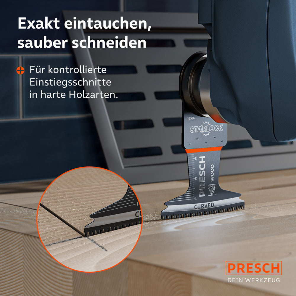 Kontrollierte Einstiegsschnitte: Die abgerundete Curved-Tec Schneidkante ermöglicht ein exaktes Eintauchen selbst in sehr harte Holzarten ohne zu verlaufen.