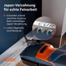 Detailopname van de tweeregelige Japanse tandwielversteviging (Curved): Garandeert snelle voortgang van het werk, schone sneden zonder rafelingen en betrouwbare verwijdering van zaagsel.