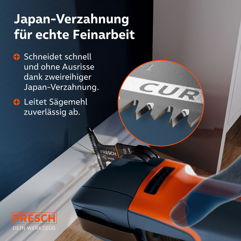 Detailaufnahme der zweireihigen Japan-Verzahnung (Curved): Garantiert schnellen Arbeitsfortschritt, saubere Schnitte ohne Ausrisse und zuverlässigen Abtransport von Sägemehl.