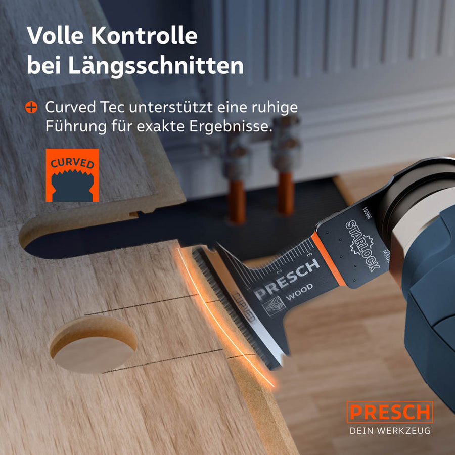 Precisie bij langsnedes: De gebogen Curved‑Tec rand ondersteunt een rustige geleiding voor exacte resultaten, hier getoond bij het uitsnijden van een uitsparing in een houten plaat.