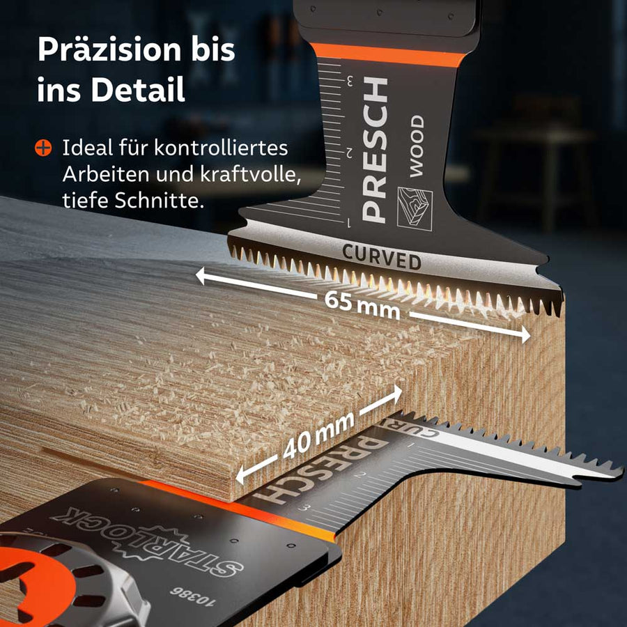 Technische afmetingen: Illustratie van de snijbreedte van 40 mm en de bruikbare lengte van 65 mm voor krachtige, diepe sneden in massieve houten balken.