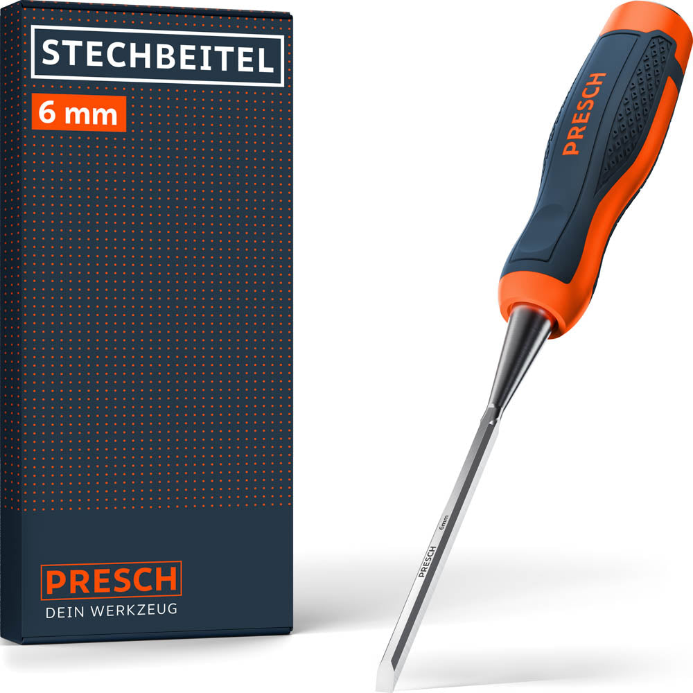 PRESCH Stechbeitel 6mm – Hochwertiges Stemmeisen für präzise Holzbearbeitung mit ergonomischem 2-Komponenten-Griff in Orange und Dunkelblau sowie passender Produktverpackung.