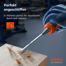 Anwendungsbeispiel: Der scharfe 6mm Stechbeitel gleitet mühelos durch das Holz und erzeugt saubere Späne bei der Oberflächenbearbeitung.