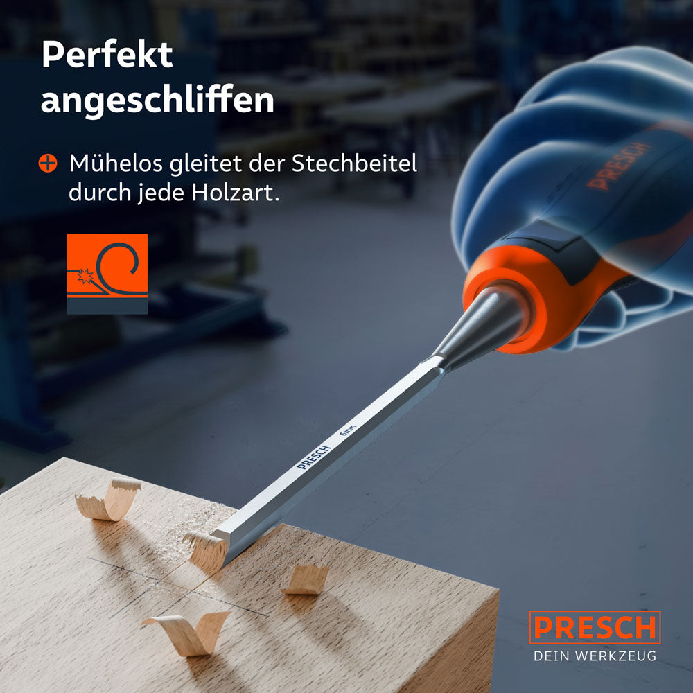 Anwendungsbeispiel: Der scharfe 6mm Stechbeitel gleitet mühelos durch das Holz und erzeugt saubere Späne bei der Oberflächenbearbeitung.