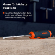 Das Stemmeisen mit 6mm Klingenbreite liegt auf einer Holzoberfläche; ideal für Detailarbeiten dank exakt geschliffener Klinge und robuster Verarbeitung.