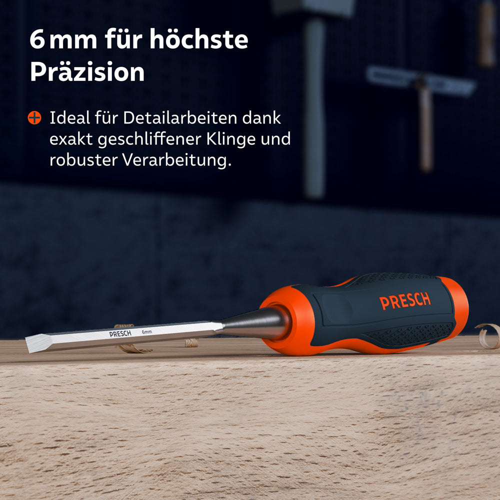 Das Stemmeisen mit 6mm Klingenbreite liegt auf einer Holzoberfläche; ideal für Detailarbeiten dank exakt geschliffener Klinge und robuster Verarbeitung.