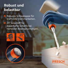 Einsatz auf der Baustelle: Das Stemmeisen im Einsatz mit einem Holzhammer; die robuste Schlagkappe und der 25° Anschliff garantieren dauerhafte Schärfe bei härtester Beanspruchung.