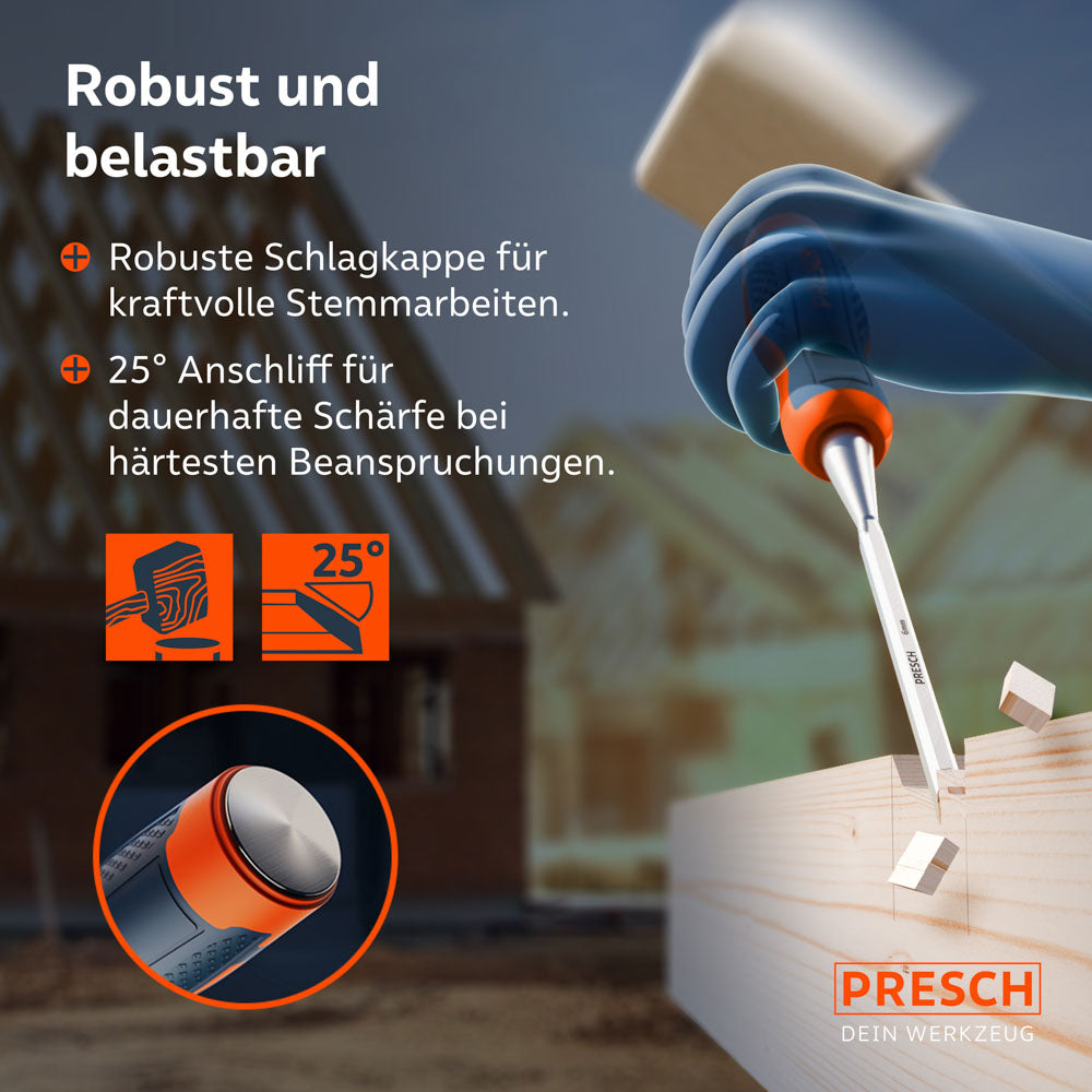 Einsatz auf der Baustelle: Das Stemmeisen im Einsatz mit einem Holzhammer; die robuste Schlagkappe und der 25° Anschliff garantieren dauerhafte Schärfe bei härtester Beanspruchung.