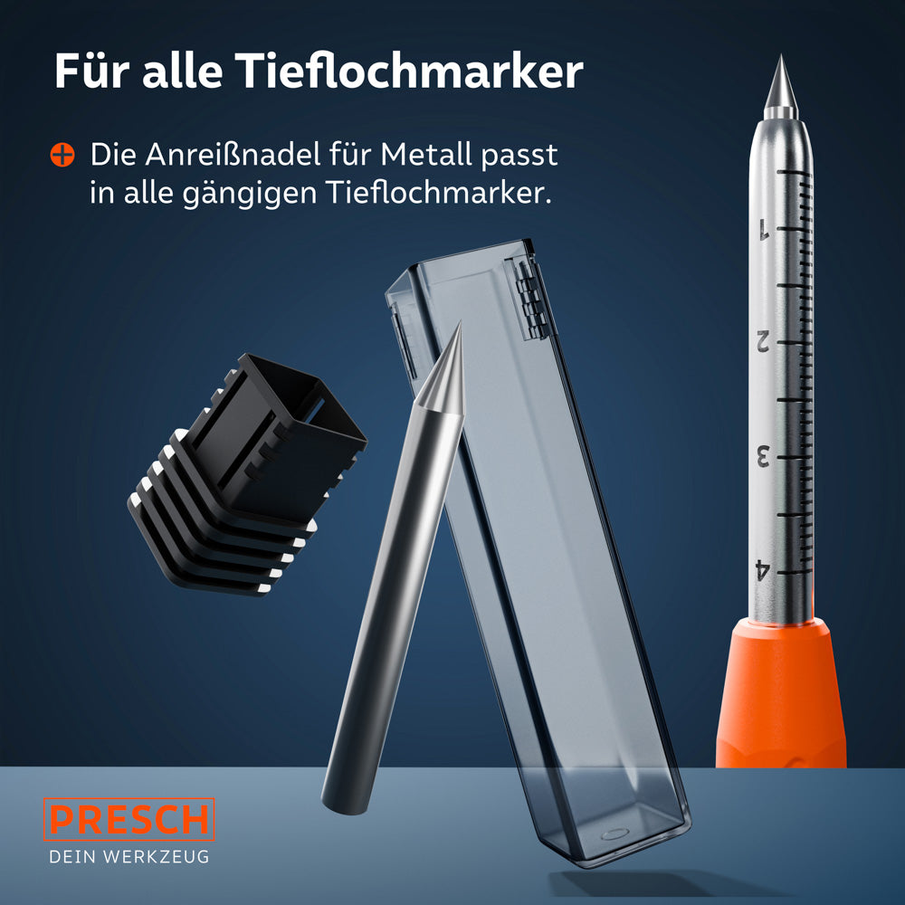 Die Anreißnadel neben ihrer Box; ein Inset zeigt, dass die Nadel in die Metallspitze gängiger Tieflochmarker passt.