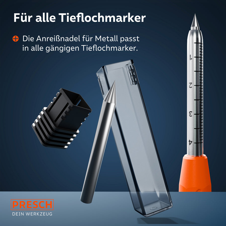 Die Anreißnadel neben ihrer Box; ein Inset zeigt, dass die Nadel in die Metallspitze gängiger Tieflochmarker passt.