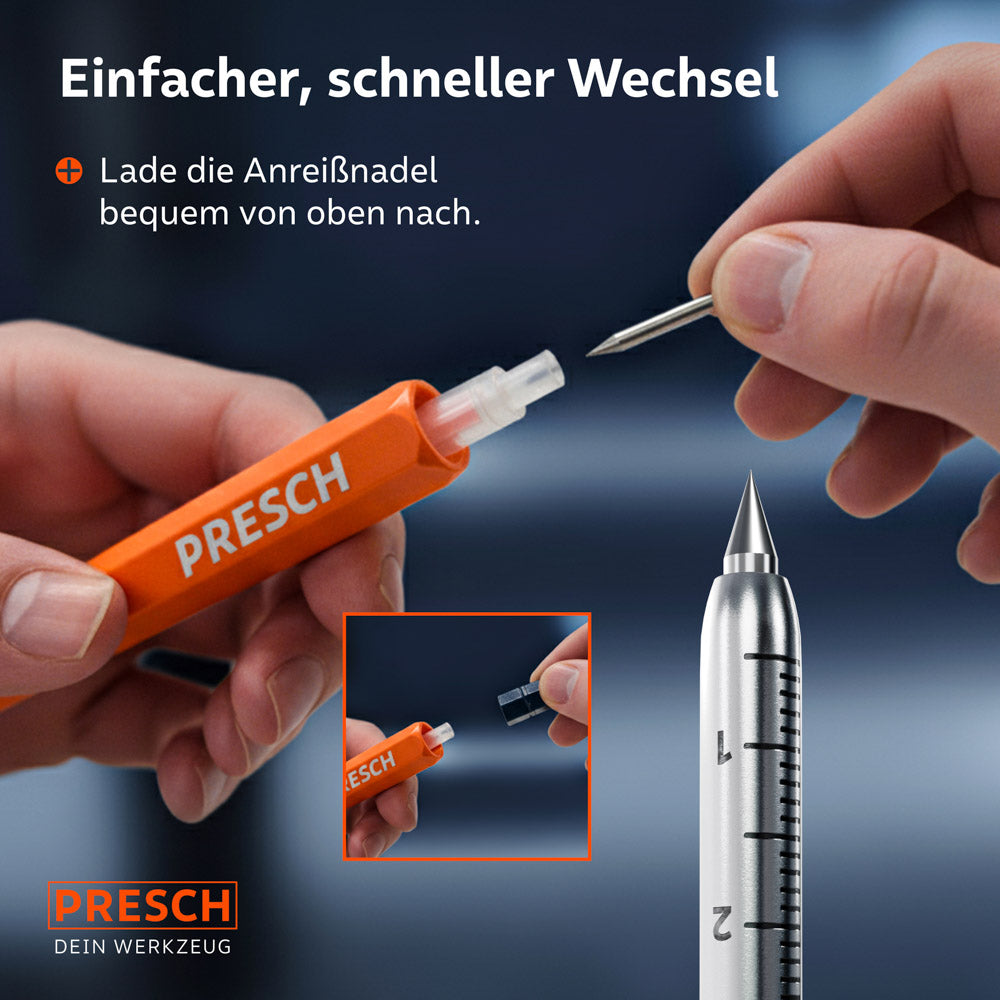 Nahaufnahme des Wechsels: Die Anreißnadel wird einfach und schnell von oben in den Schaft des Tieflochmarkers eingeführt.