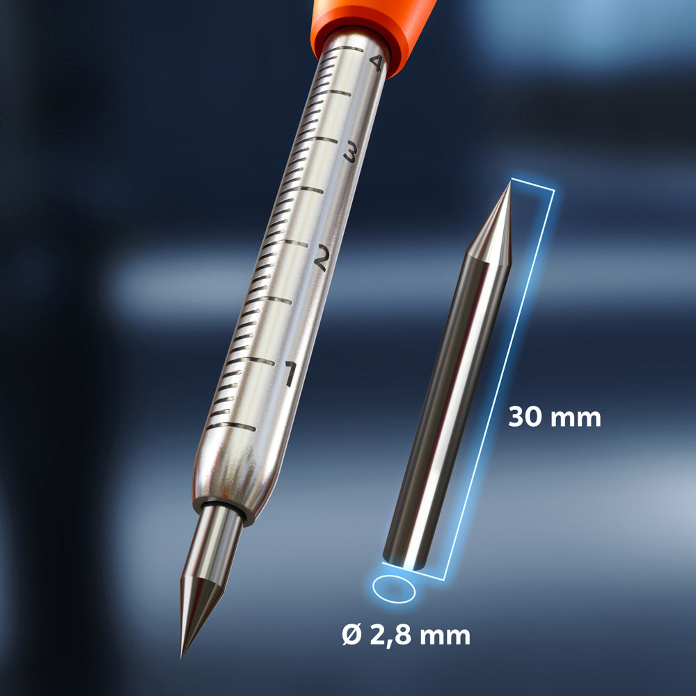 Detailansicht der Anreißnadel mit technischen Maßen: 30mm Länge und 2,8mm Durchmesser für Präzisionsarbeiten.