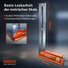 Angle de but de Presch avec une longueur de 200 mm et une mise à l’échelle claire, angle de précision et outil de mesure en gros plan.