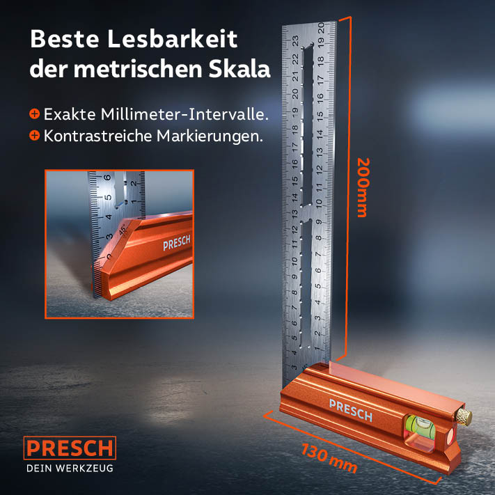 Angle de but de Presch avec une longueur de 200 mm et une mise à l’échelle claire, angle de précision et outil de mesure en gros plan.