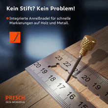 PRESCH angle de butage 200 mm, utilisé sur bois avec pointe de repérage intégrée, outil de mesure précis et rapporteur d'angle.