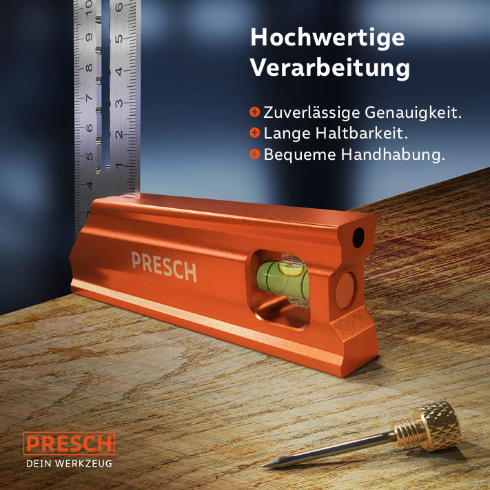 PRESCH angle de fixation 200 mm en métal avec niveau à bulle et gravure de précision sur table en bois