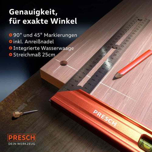 Presch Anschlagwinkel 250mm für präzise Winkel- und Markierungsarbeiten mit integrierter Wasserwaage und Anreißfunktion.