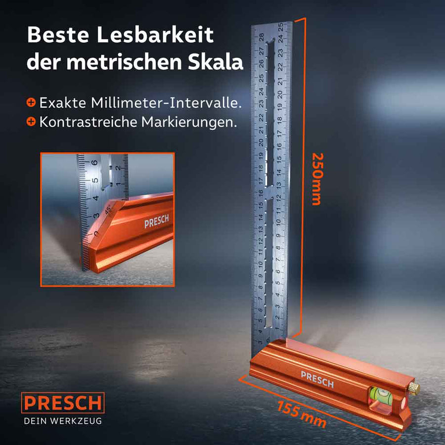PRESCH aanslaghoek 250mm met duidelijke schaalverdeling en millimetermarkeringen voor nauwkeurig werk.