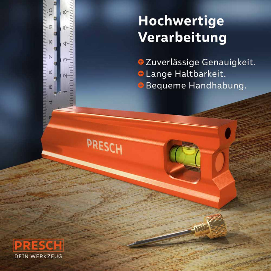 PRESCH aanslaghoek 250mm in oranje voor nauwkeurige meting en markering op houten oppervlak met geïntegreerde waterpas en schroevendraaier