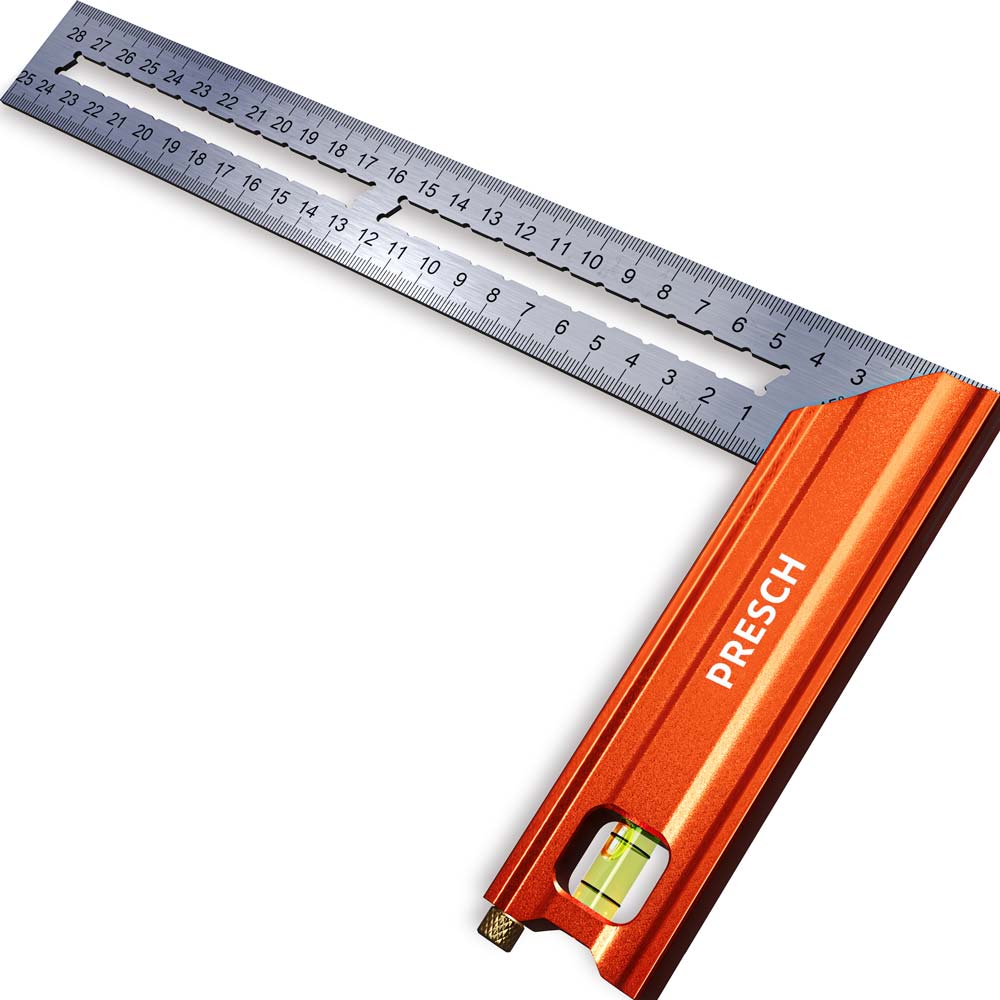 Presch Anschlagwinkel 250mm in orange mit Maßskala und integrierter Wasserwaage auf weißem Hintergrund.
