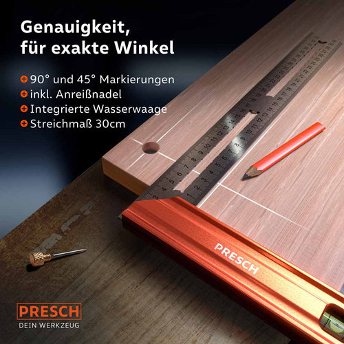PRESCH Anschlagwinkel 300mm für präzise Markierungsarbeiten mit integrierter Wasserwaage und Anreißnadel auf Holzoberfläche.