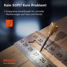 PRESCH Anschlagwinkel 300mm mit integrierter Anreißnadel und Messskala für präzise Markierungen auf Holz und Metall.