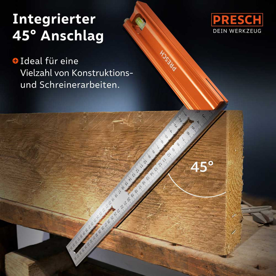 PRESCH angle de but 350 mm en métal sur bois avec échelle et trous de marquage pour des marquages précis.