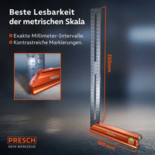 Angle de butée Presch 350 mm avec échelle métrique lisible et marquages millimétriques