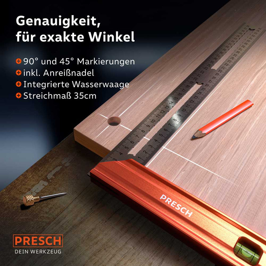 PRESCH angle de calage 350 mm pour des mesures d’angle précises et des travaux de marquage, incluant une pointe de marquage et un niveau à bulle intégré.