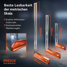 Presch Anschlagwinkel-Set mit Skala für präzise Messungen und exakte Markierungen, inklusive unterschiedlicher Größen und gut lesbarer Millimeterskala.