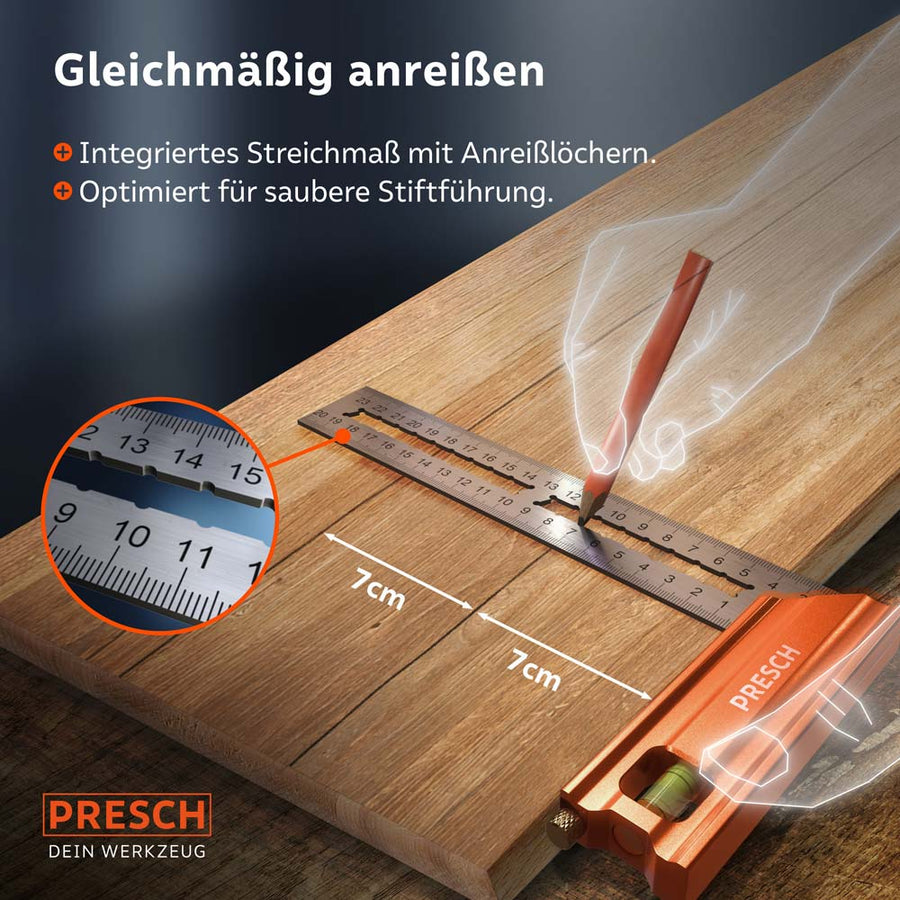 PRESCH hoeksysteem voor nauwkeurige houtmarkering met geïntegreerde meetlat en markeerboorgaten.