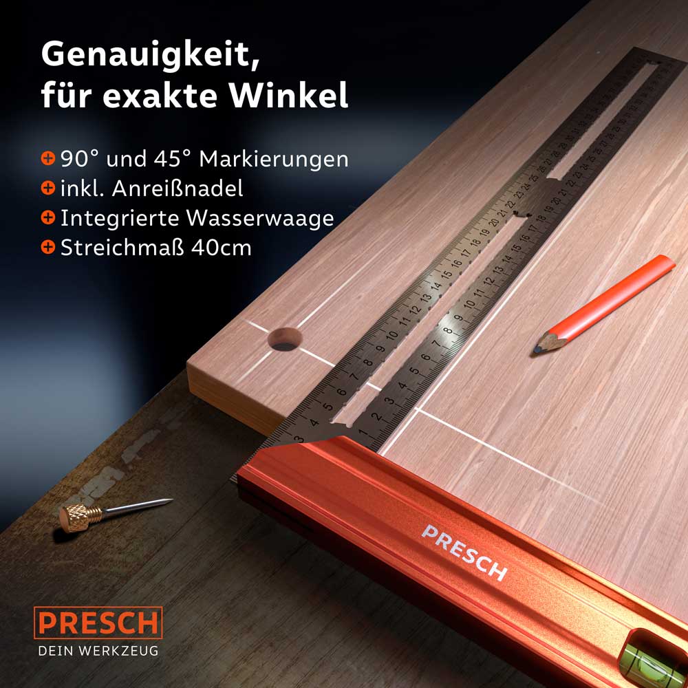 PRESCH Anschlagwinkel 400mm mit Markierungen und integrierter Wasserwaage auf Holzoberfläche neben Anreißnadel und Bleistift