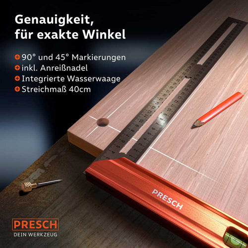 PRESCH Anschlagwinkel 400mm mit Markierungen und integrierter Wasserwaage auf Holzoberfläche neben Anreißnadel und Bleistift