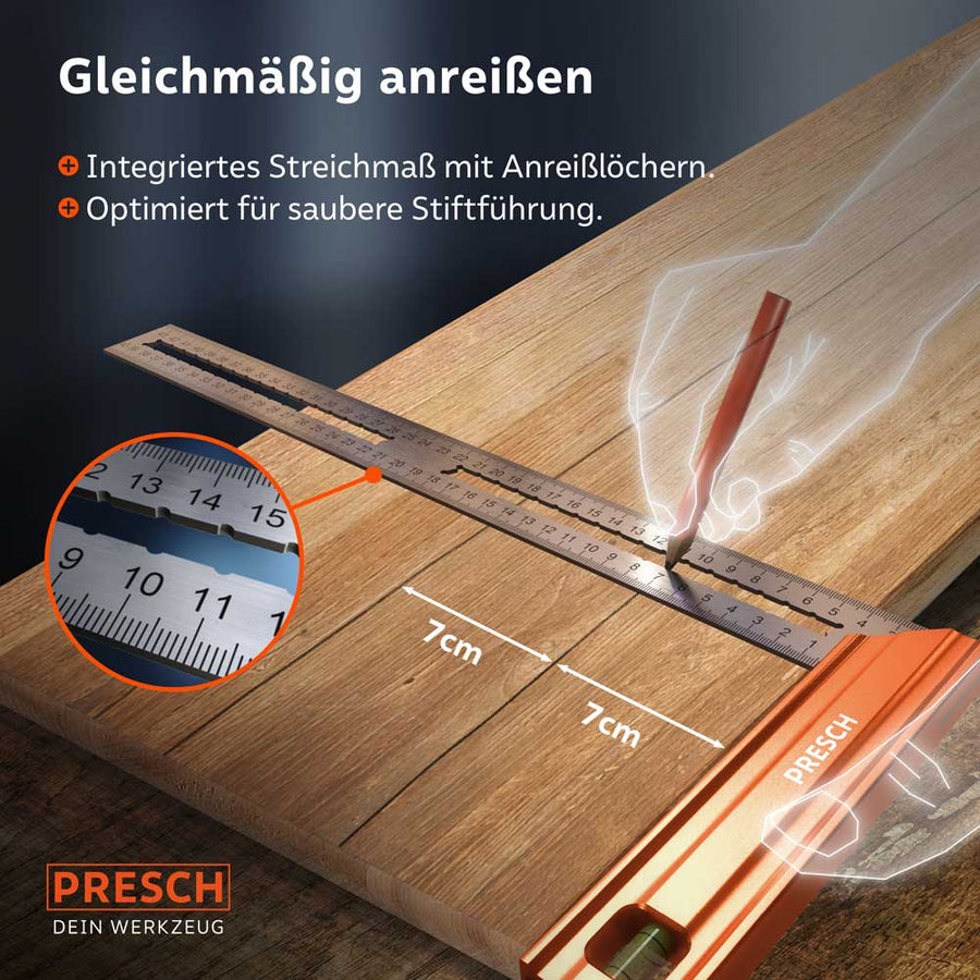 PRESCH Aanslaghoek 400mm voor nauwkeurig aantekenen en meten met geïntegreerde liniaal en markeerhulpmiddelen op houten oppervlak