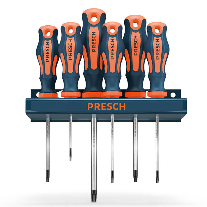 6-teiliges PRESCH Torx Schraubendreher-Set mit Wandhalterung in Blau-Orange – Profi-Set mit ergonomischen Griffen und hochwertigen Chrom-Vanadium-Klingen.