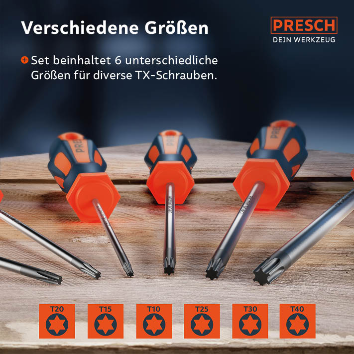 Übersicht der enthaltenen Torx-Größen: T10, T15, T20, T25, T30 und T40 mit entsprechenden Stern-Symbol-Icons für diverse TX-Schrauben.