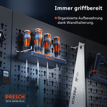 Rangement d'atelier organisé : ensemble de tournevis PRESCH TX dans un support mural pratique sur une paroi perforée pour un accès rapide et un rangement ordonné.