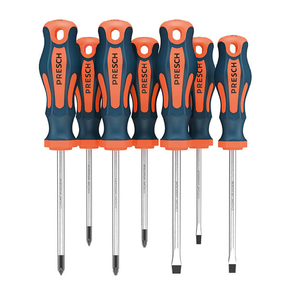 7-teiliges PRESCH Schraubendreher-Set mit ergonomischen Griffen in Orange-Blau – enthält Schlitz-, PH- und PZ-Schraubendreher aus Chrom-Vanadium-Stahl.