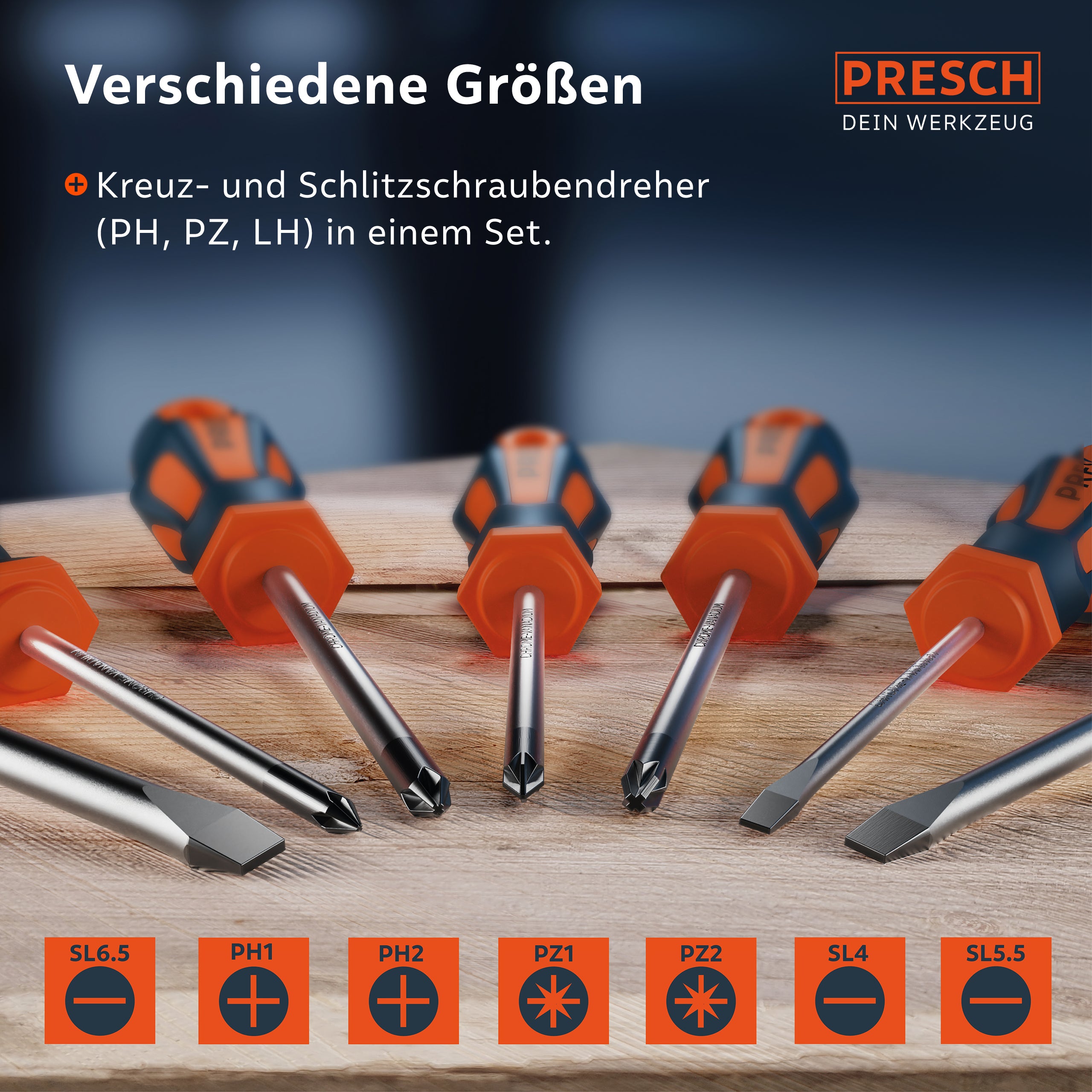 Übersicht der verschiedenen Schraubendreher-Größen: SL4, SL5.5, SL6.5, PH1, PH2 sowie PZ1 und PZ2 mit entsprechenden Symbol-Icons.