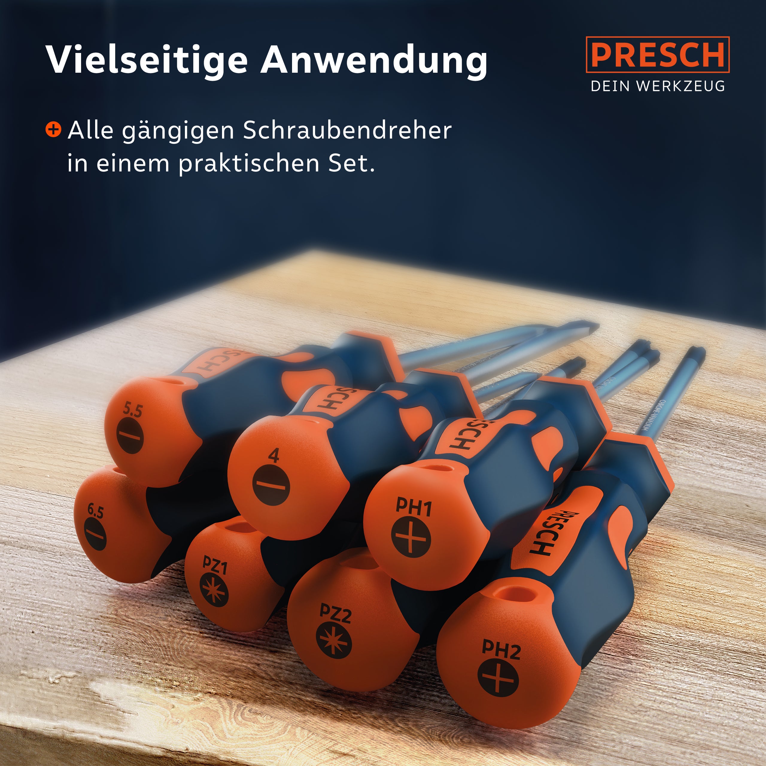 Nahaufnahme der Griffe des 7-teiligen PRESCH Sets mit deutlich sichtbaren Größenmarkierungen am Griffkopf für schnelles Finden.