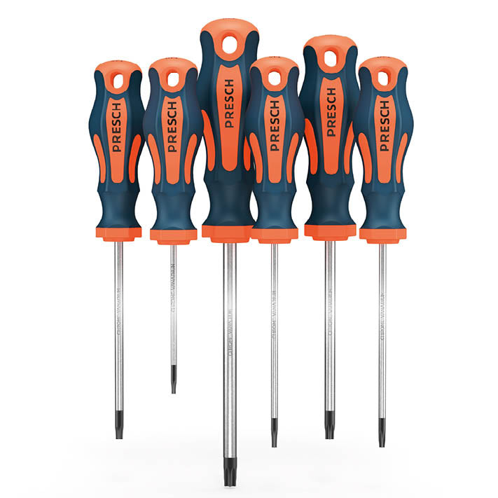 6-teiliges PRESCH Torx Schraubendreher-Set in Blau-Orange – Profi-Set mit ergonomischen Griffen und hochwertigen Chrom-Vanadium-Klingen.