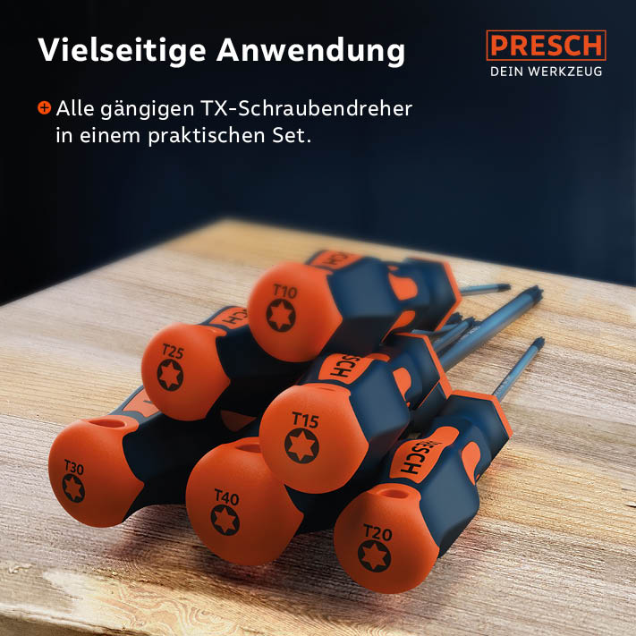 Nahaufnahme der ergonomischen PRESCH Griffe mit deutlicher Größenkennzeichnung am Kopfende für eine schnelle Werkzeugauswahl.