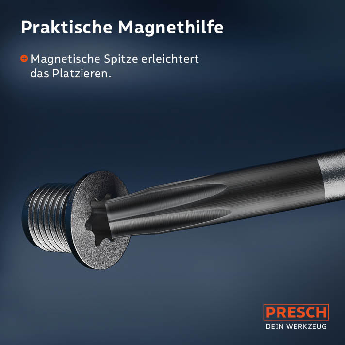 Detaillierte Ansicht der magnetischen Torx-Spitze beim Einsetzen in eine Schraube – erleichtert das Platzieren und Arbeiten an engen Stellen.