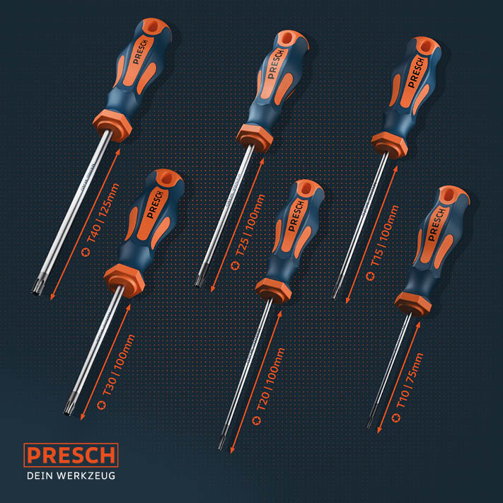 Technische Übersicht der Klingenlängen des Torx-Sets: Von T10 mit 75mm bis T40 mit 125mm Klingenlänge.
