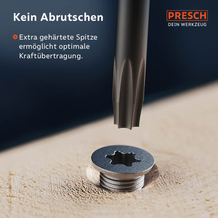 Macro photo d'une pointe Torx durcie sur une vis TX - illustre l'ajustement précis pour une transmission optimale de la force sans glissement.