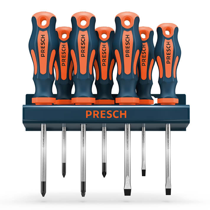 7-teiliges PRESCH Schraubendreher-Set inklusive Wandhalterung mit ergonomischen Griffen in Orange-Blau – enthält Schlitz-, PH- und PZ-Schraubendreher aus Chrom-Vanadium-Stahl.
