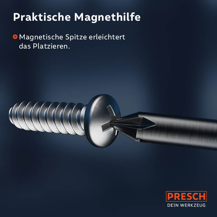 Detailansicht der magnetischen Spitze eines Kreuzschlitz-Schraubendrehers, die eine Edelstahlschraube sicher hält.