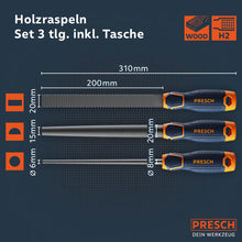 De houtrasp-set bevat drie profielen in een platte, halfronde en ronde vorm met zak.
