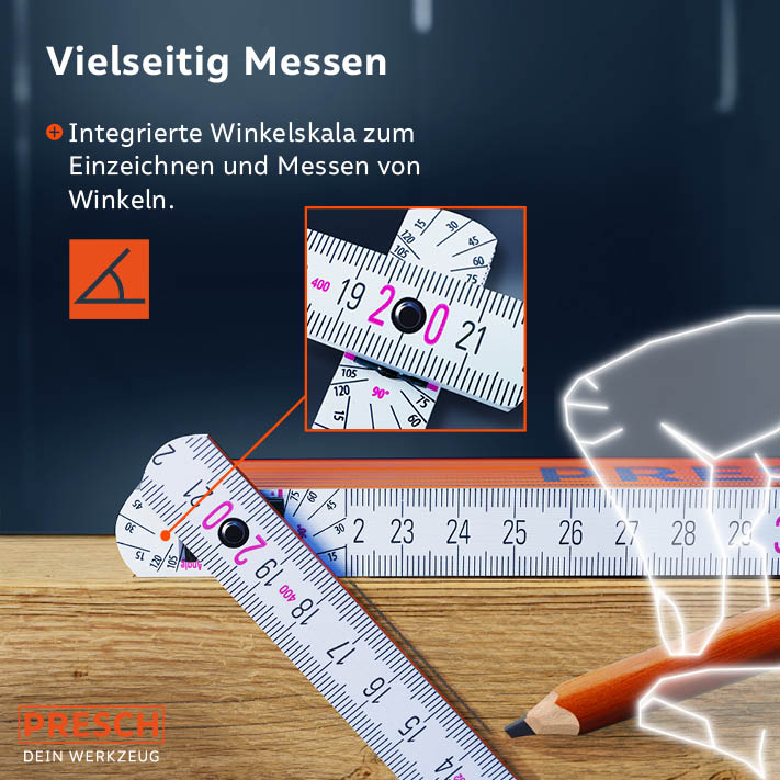 Der Zollstock besitzt eine integrierte Winkelskala zum Anzeichnen und Messen von Winkeln.